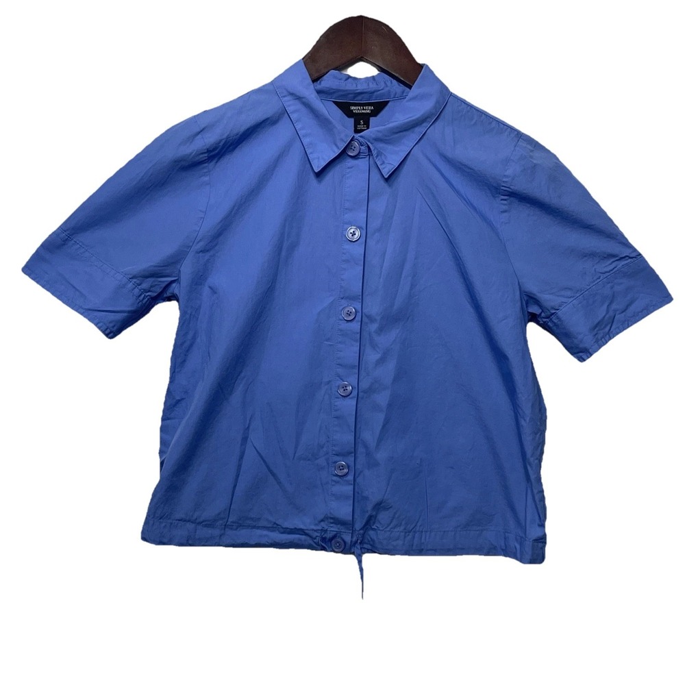 Simply Vera Vera Wang Blue Cropped Button Front Shirt Women's Small Drawstring